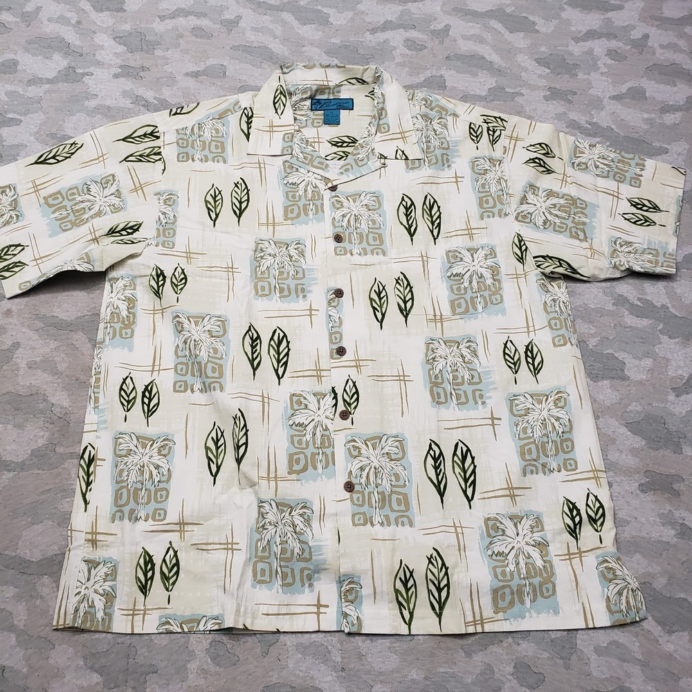 Paradise Blue Shirt Mens XL Green Short Sleeve Button-Up Hawaiian Beach Vacation